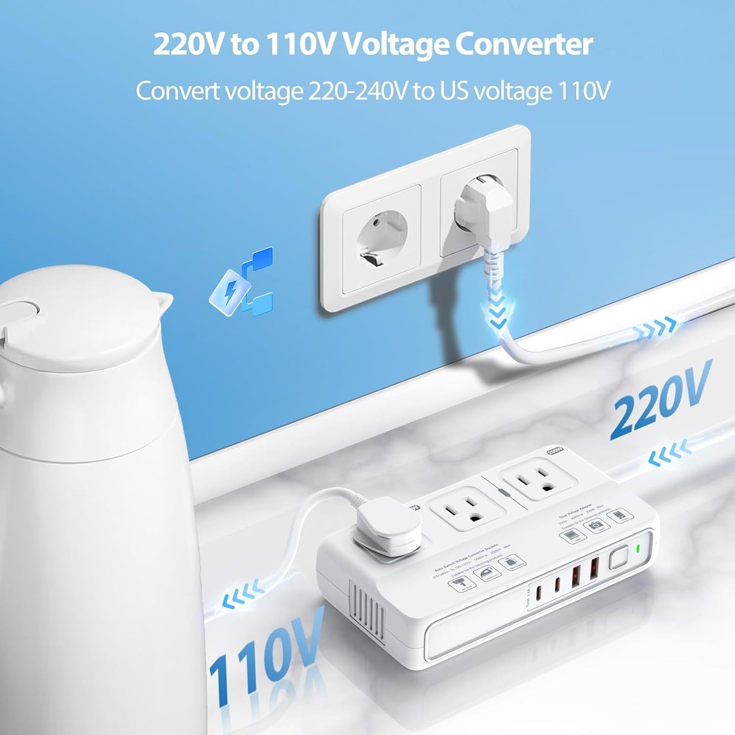 ANTPO 2000W Voltage Converter US to Europe, 220V to 110V Converter for European Travel, Power Adapter for Hair Dryer, Universal Travel Adapter with 3 AC/ 2 USBC/ 2 USBA/EU/UK/AU/IT Plugs