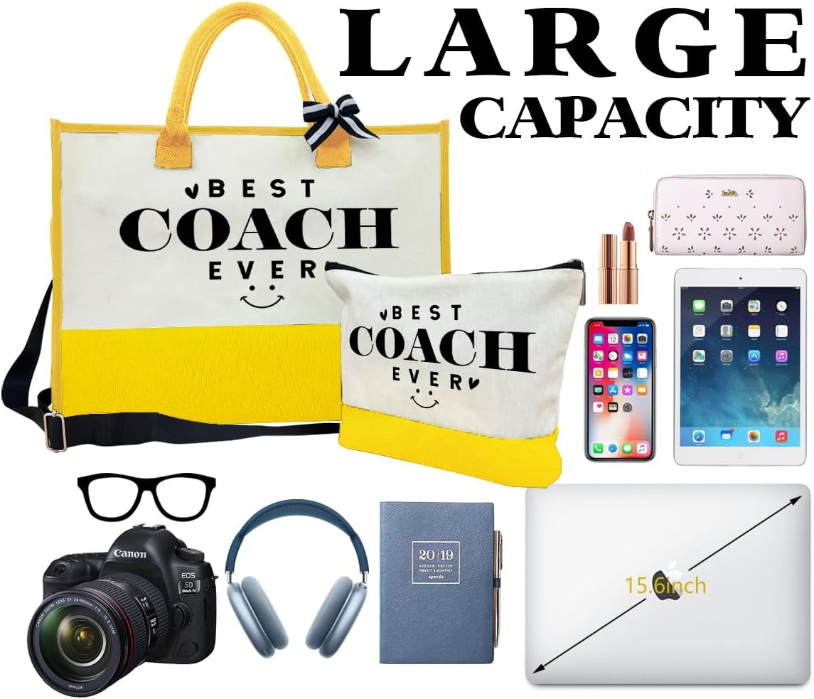 SUSZDOU Gifts for Best Coach Ever - Canvas Beach Tote Bag with Matching Makeup Pouch, Durable Travel Gym Camping Bag, Thank You Gift for Sports Coach, Female Trainers Gifts for Women D1