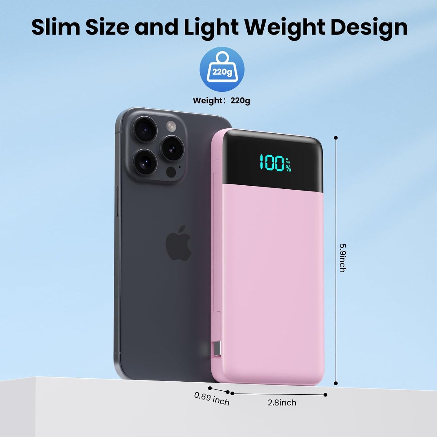 YHO Portable Charger 13800mAh for iPhone with Built-in Cables & AC Wall Plug,5-in-1 USB-C Power Bank,LCD Display External Battery Pack Phone Charger Compatible with iPhone 16/15/14,Android (Pink)