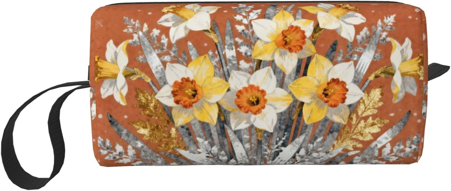 Watercolor Daffodil Bouquet Makeup Bag Organizer Compact & Durable Flower Travel Cosmetic Bag Oxford Fabric Impact-Resistant Multi-Purpose Storage Perfect for Travel, Gym, Daily Use