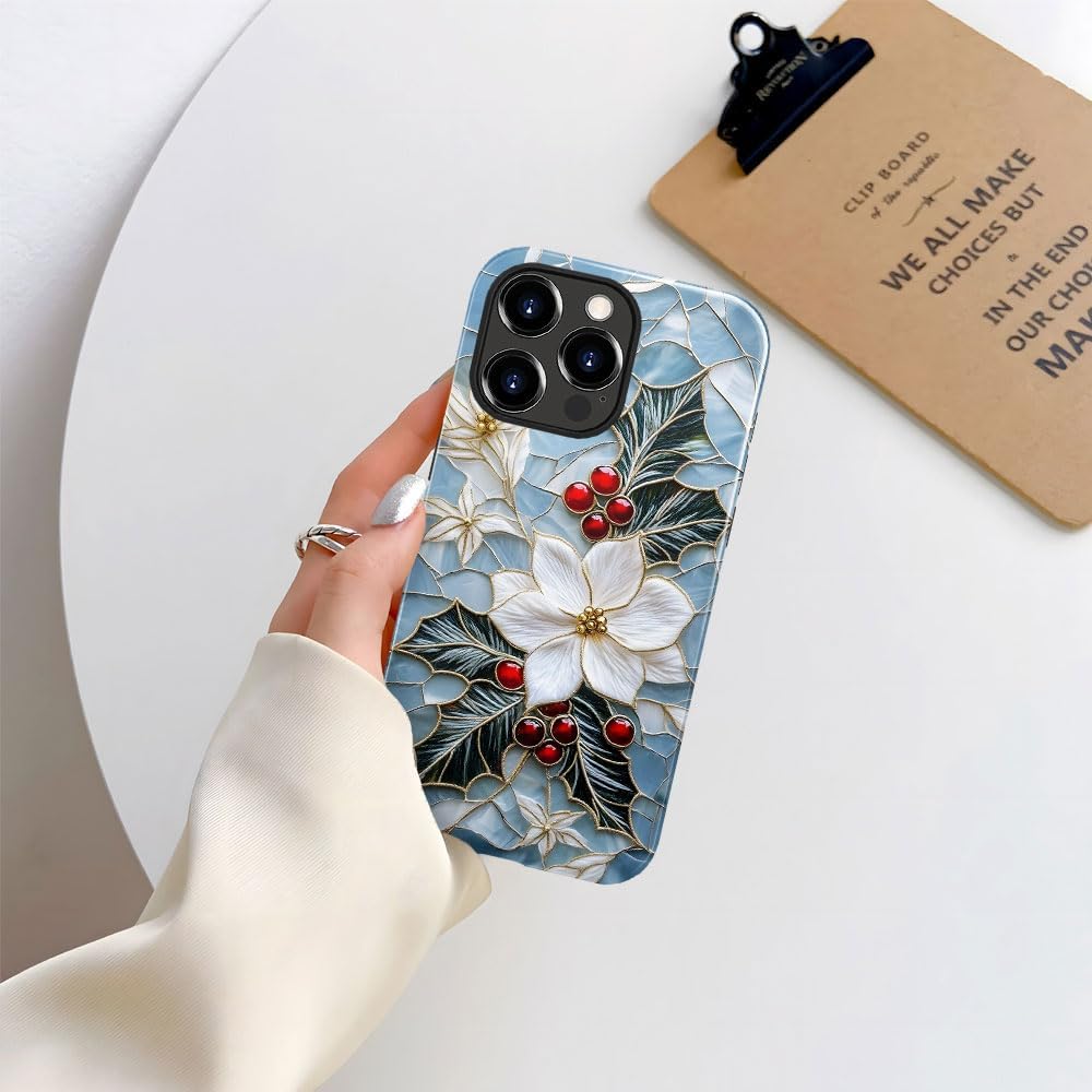 Case for iPhone 16 Pro Max - Slim Fit Anti-Scratch Phone Case for Girl Women - Christmas Holly Elegant Winter Floral (Glossy)