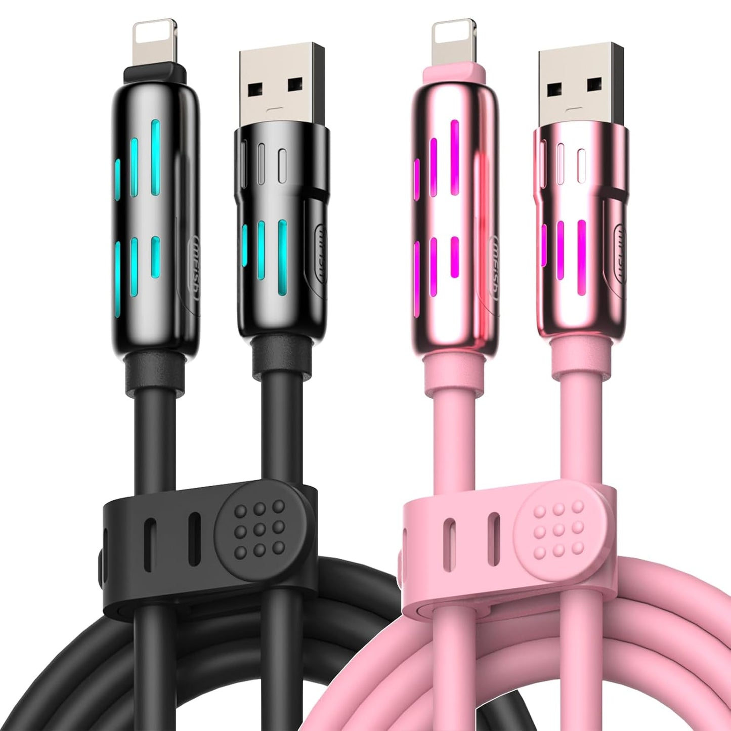 MFish 240W 4-in-1 Universal USB Charging Cable [2 Pack, 6.6ft] – Fast Charger Cord with USB-A, Dual USB-C & Lighting, for iPhone 14/15/16/17 Series, iPad & MacBook & More (2PACK, Black+Pink, 6.6Ft)