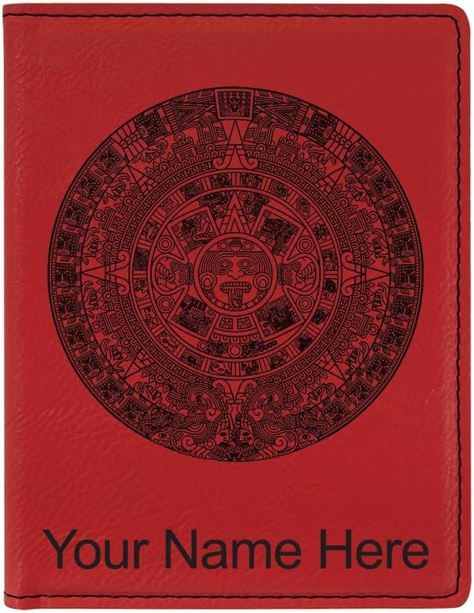 LaserGram Faux Leather Passport Holder, Aztec Calendar, Personalized Engraving Included (Red)