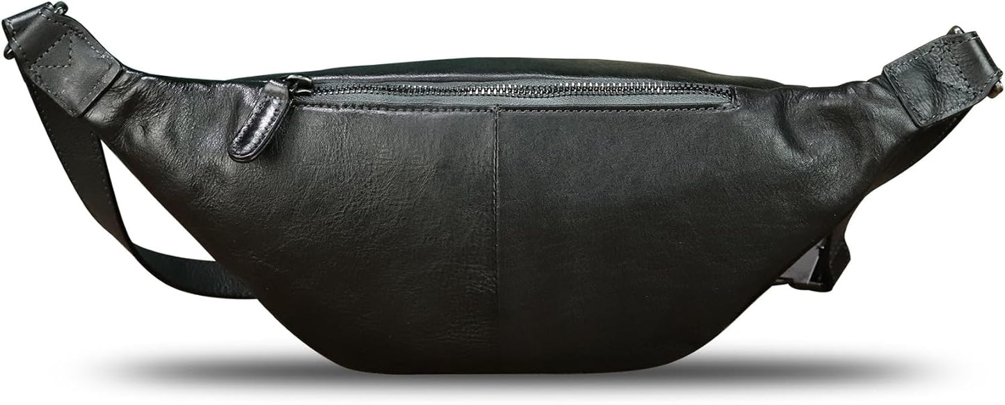 Genuine Leather Fanny Pack for Women and Men Real Leather Crossbody Sling Bag Fashion Waist Bag Chest Purse Pouch (Black)