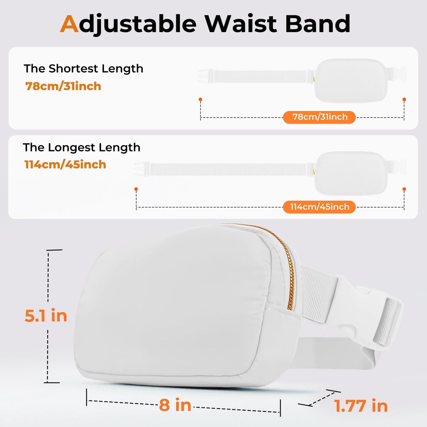Belt Bag Zipper Fanny Pack Crossbody Bags for Women,Fashion Nylon Waist Packs, Water Repellent Two Way wear with Adjustable Strap Gifts for Teenage Girls Women Men(white)