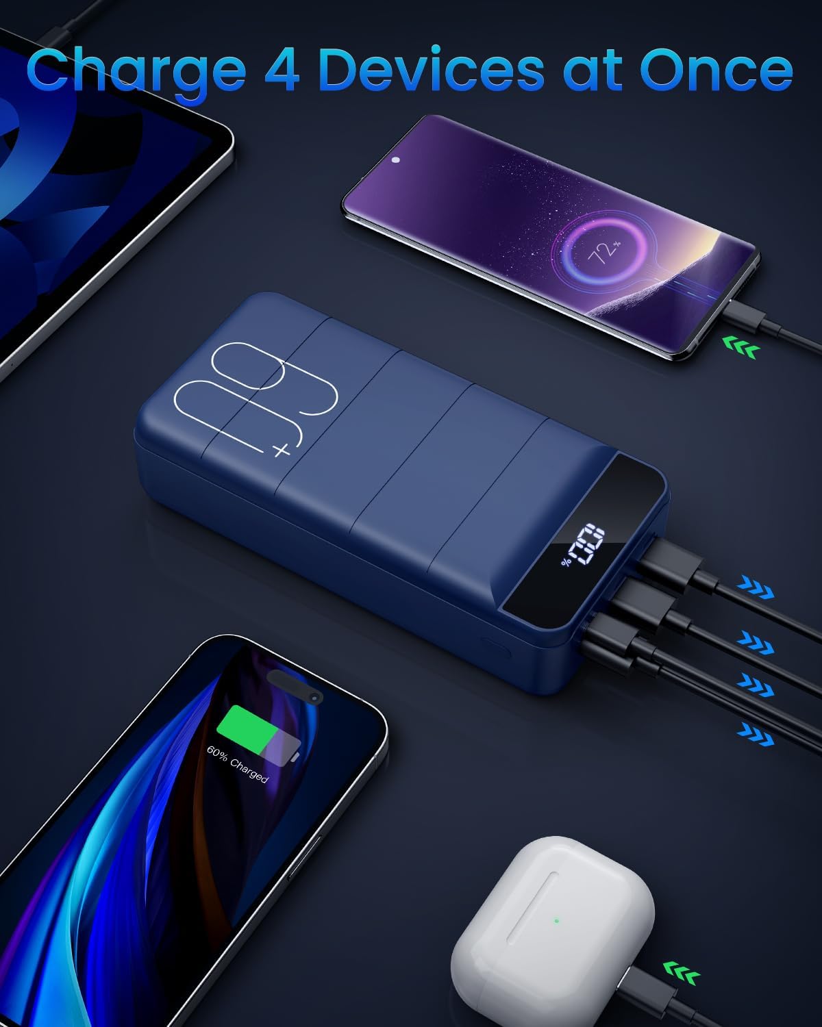 Portable Charger 60000mAh Power Bank - 22.5W Fast Charging Battery Pack USB C with 4 Outputs & 3 Inputs LED Display, Huge Capacity External Cell Phone Charger for iPhone, Samsung, Travel, Camping