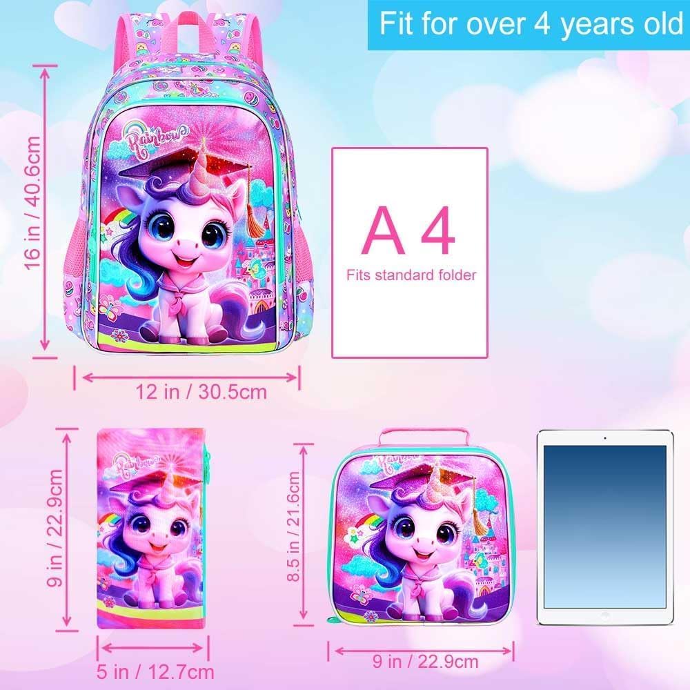 3PCS Unicorn Backpack, 16" Girls Bookbag with Lunch Box, Kids Water Resistant Elementary Prechool Toddler Shool Bag - Pink Dr. Unicorn