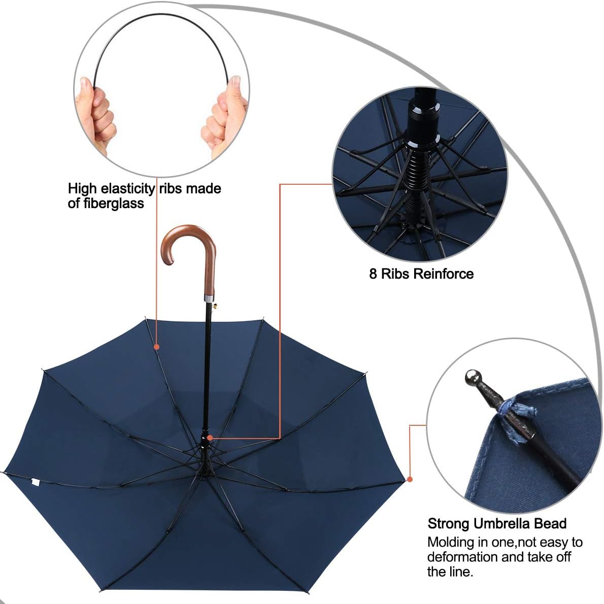 G4Free 52/62inch Wooden J Handle Golf Umbrella Windproof UV Protection Classic Stick Wedding Cane Umbrellas, Auto Open Cane Hook Handle