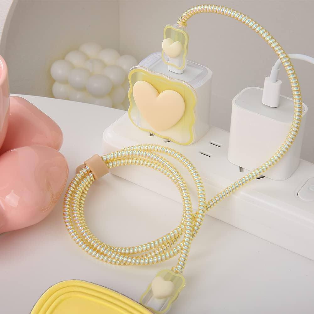 Compatible with iPhone 18W/20W USB-C Charger Cover Lovely 3D Love Heart Waves Clear Soft Charger Protector Cute Cable Saver for iPhone 11 12 13 14 Pro Max Fast Power Adapter, Beige 1 (5in1)