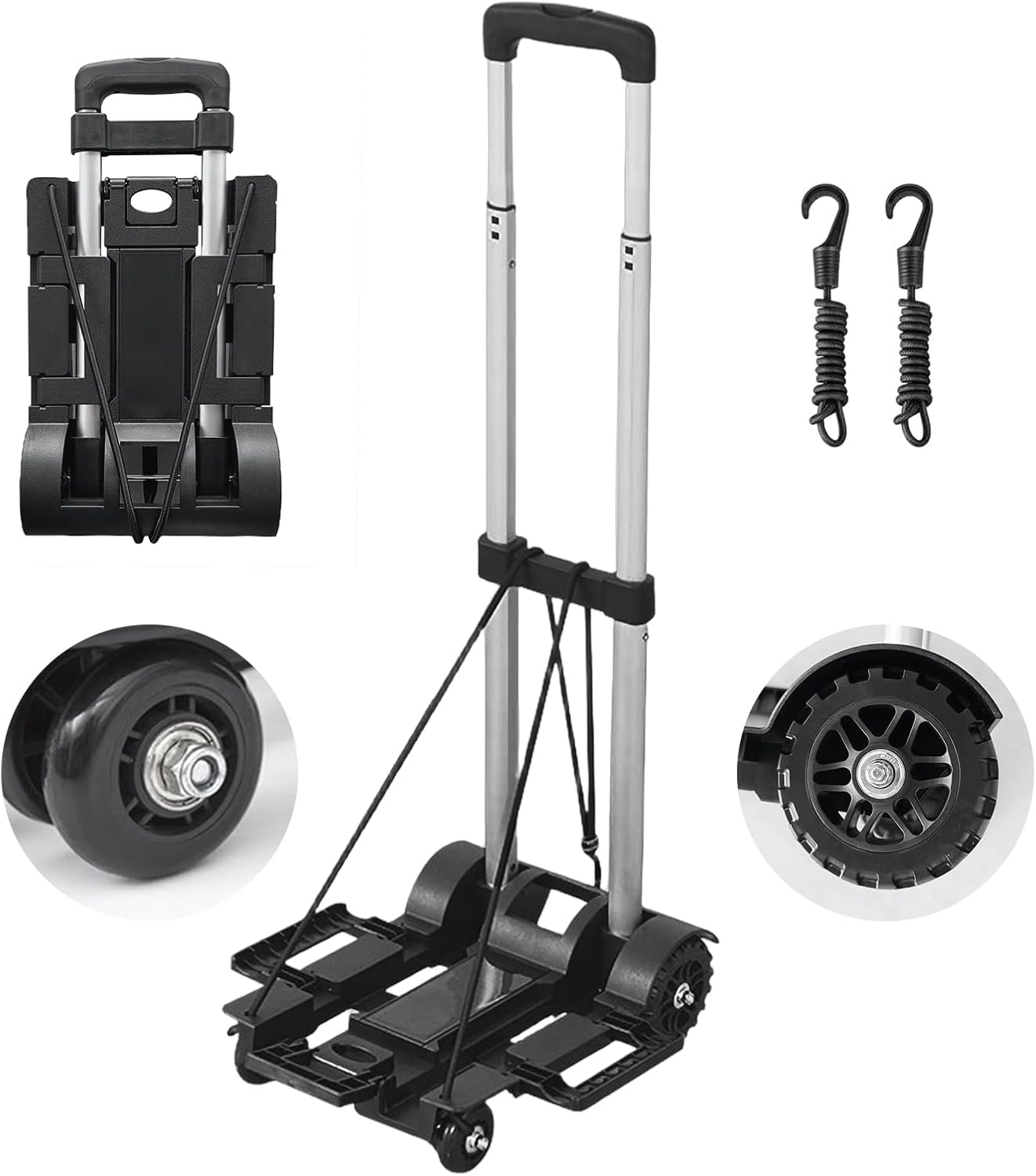 Small Folding Hand Truck Dolly with 4 Wheels,Portable Dolly Lightweight Aluminum Collapsible Luggage Cart,Design for Travel, Shopping, Moving, Office, Airport, Warehouse Use - Black