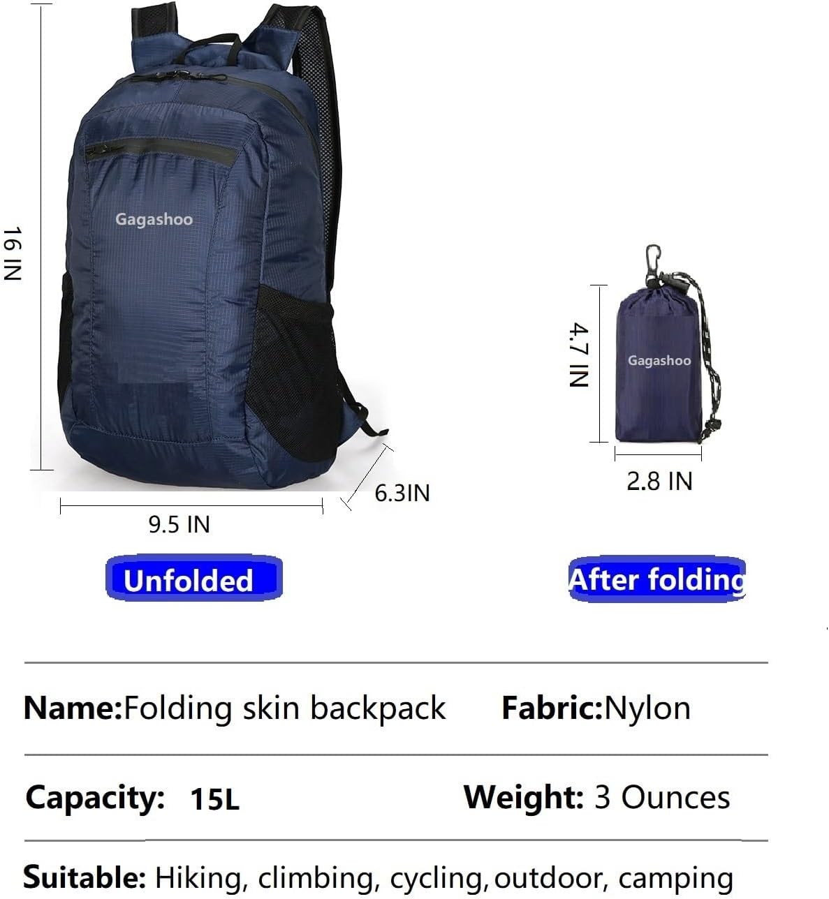 Small Foldable Hiking Daypack Packble Skin Casual Backpack Camping Cycling Travel Outdoor Day Bags Useful (Dark Blue)
