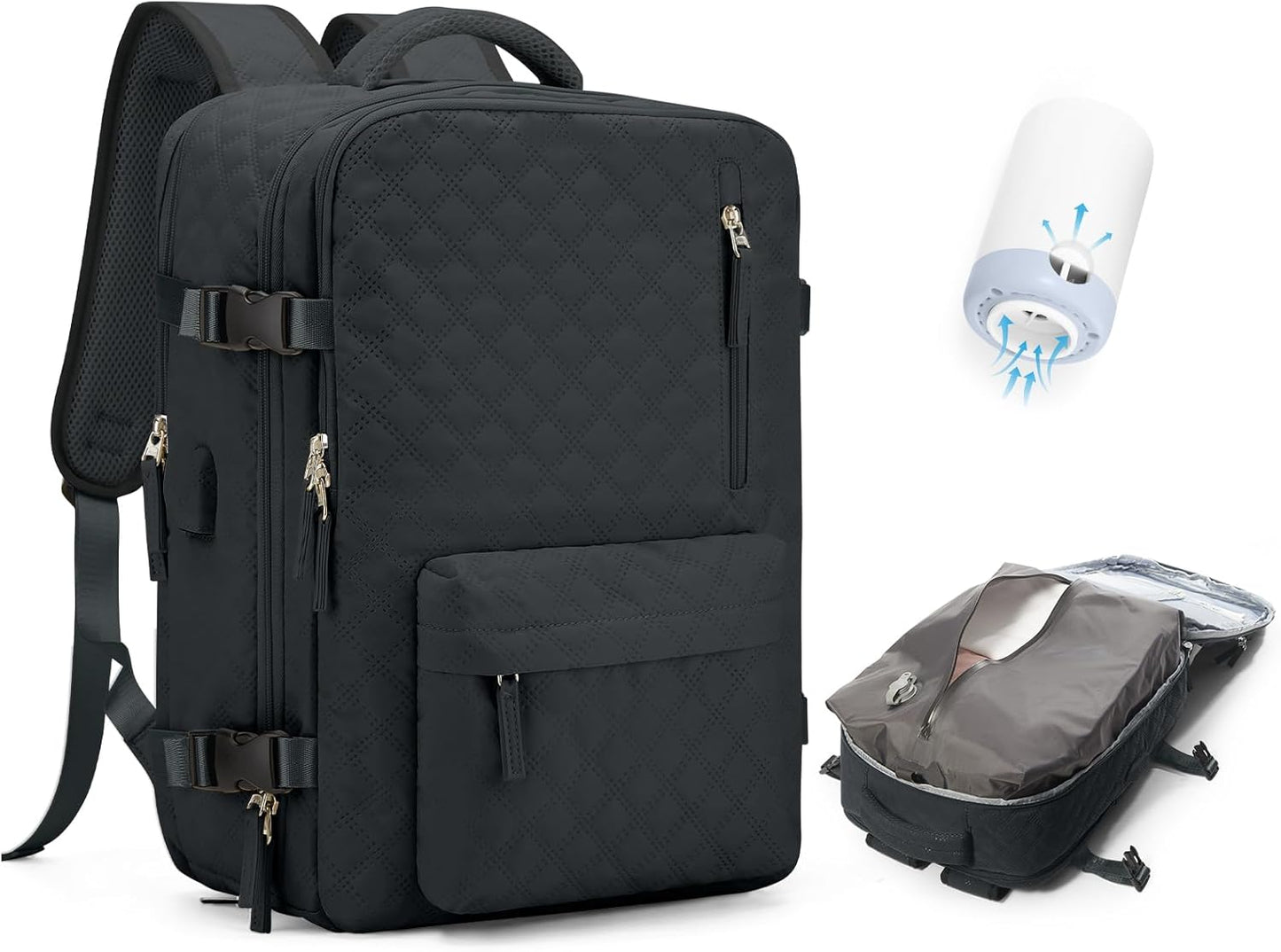WONHOX Travel Vacuum Storage Backpack with Air Pump Vacuum Seal Compression Space Saver Bags Clothing Vacpack 18x14x8 inches Travel Bag Carry on Personal item Laptop Work Backpacks Women BlackGrey