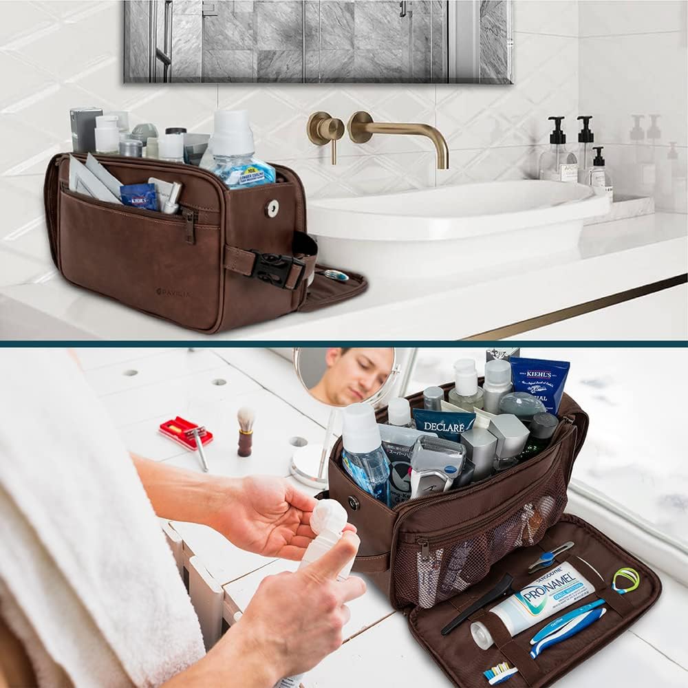 PAVILIA Toiletry Bag for Men, Travel Essentials Shaving Dopp Kit, Mens Travel Bag Toiletries Organizer Case for Grooming, PU Leather Water Resistant Cosmetic Bag Pouch (XL, Dark Brown)