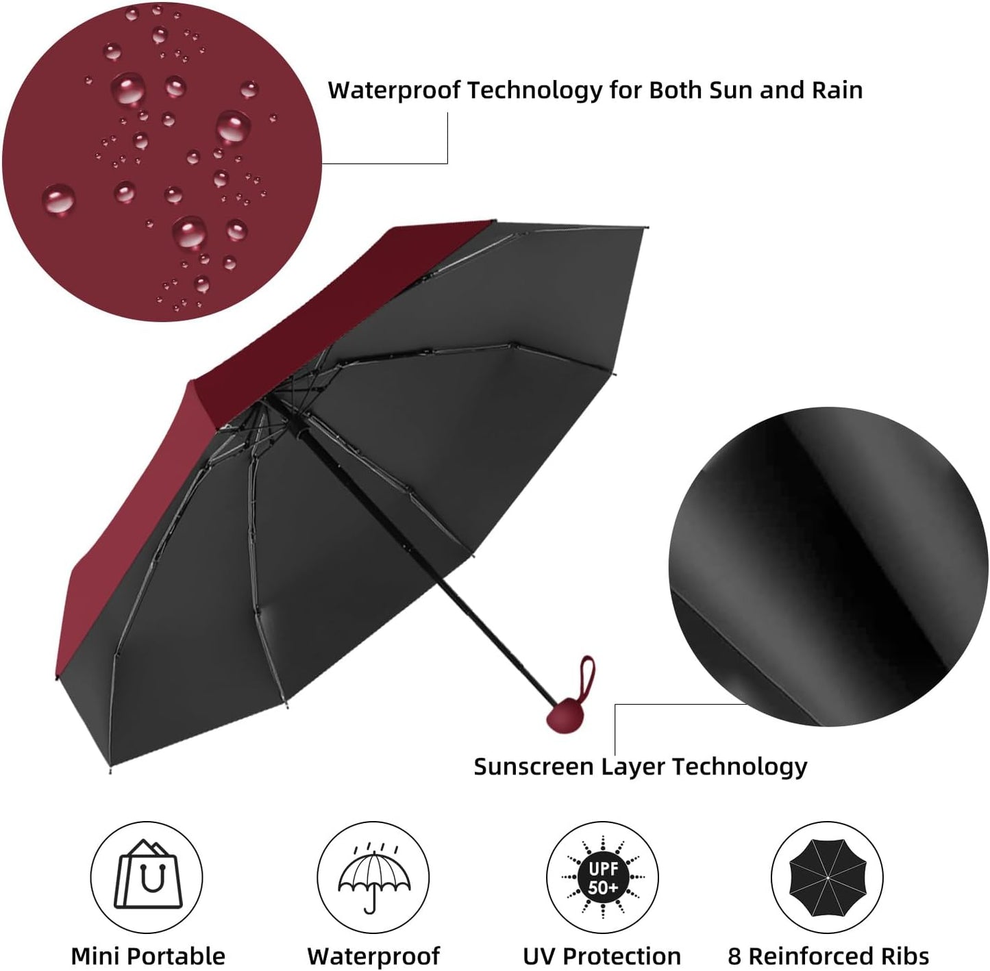 Travel Mini Folding Compact Umbrella with Case, 8 Ribs Lightweight Portable, Small Sun & Rain Pocket Umbrella for Girls and Women