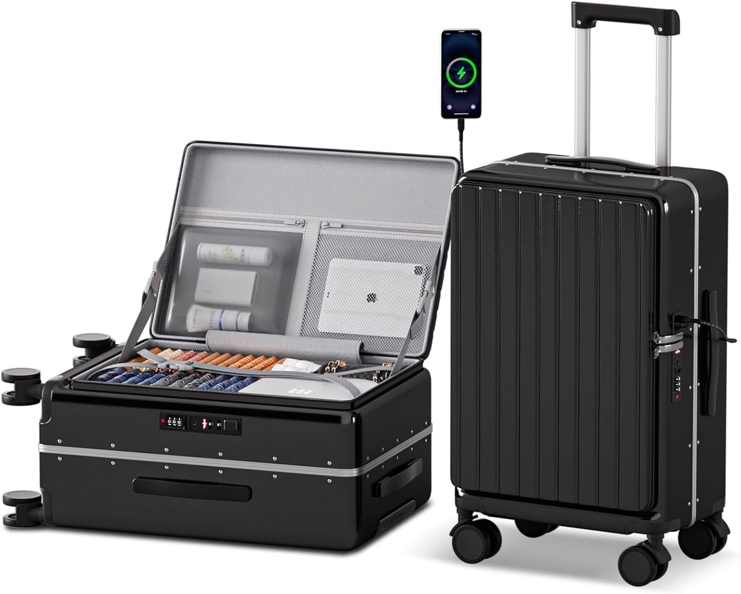 SKYROMER 20 Inch carry on luggage 22x14x9 airline approved Hard Shell Spinner Suitcase Top Opening Aluminum Frame Travel Luggage Suitcases for Woman Men Gifts (Black)