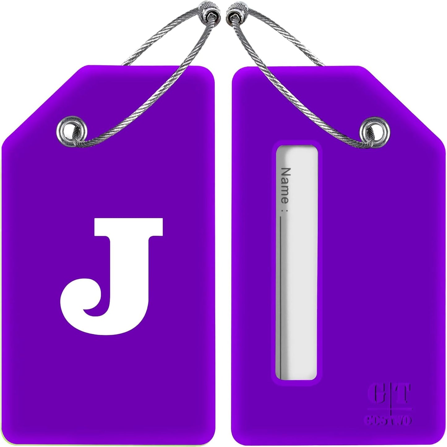 Gostwo 2 Pack Silicone Luggage Tags for Suitcases, 26 Initial Letter Baggage Labels Handbag School Bag Suitcase Instrument Tag with Stainless Steel Loop(Purple) (Letter J)