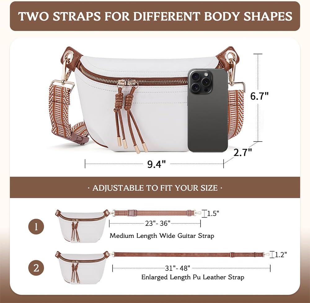 HKCLUF Fanny Pack Crossbody Bags for Women Pu Leather Belt Bag Waist Pack Causal Chest Bum Bag With 2 Straps