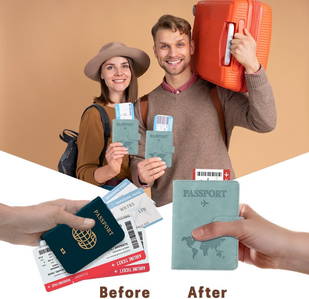 Passport Holder for Travel, RFID Passport Holder, Light Blue Passport Cover Case Passport Wallet PU