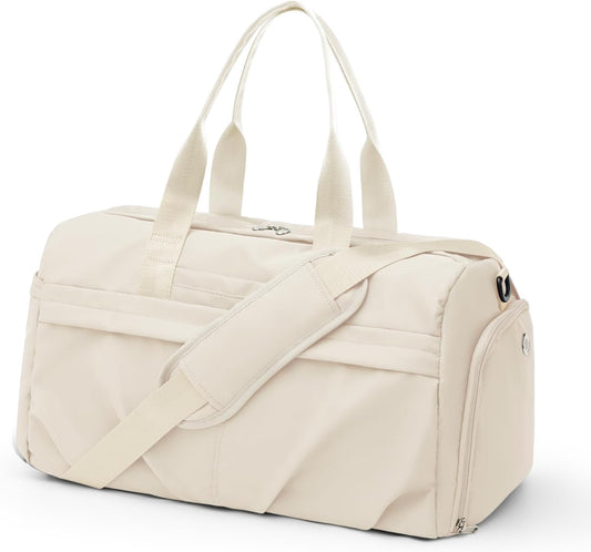 Gym Bag for Women Men with Shoe Compartment, Sport Duffel Bag, Waterproof Travel Weekender Overnight Carry on Bag for Yoga with Trolley Sleeve, Beige