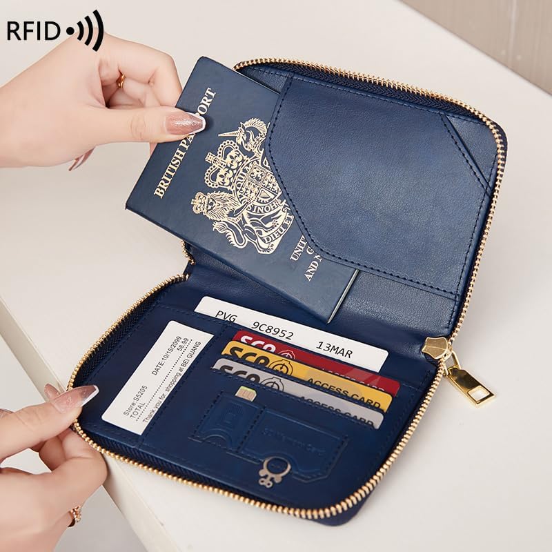 Genuine Leather Wallet Unisex Zipper Passport Holder RFID Blocking Waterproof - Vintage Travel Wallet (Dark Blue)
