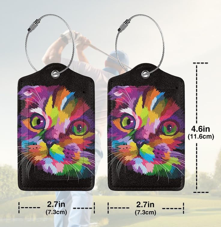 2 Pack Colorful Art Kitten Animal Luggage Tags Travel PU Cute Cat Leather Luggage Tag Name ID Labels with Privacy Cover Suitcases Women Men Girls Boys Fun Laggage Tags(Colorful Cats)