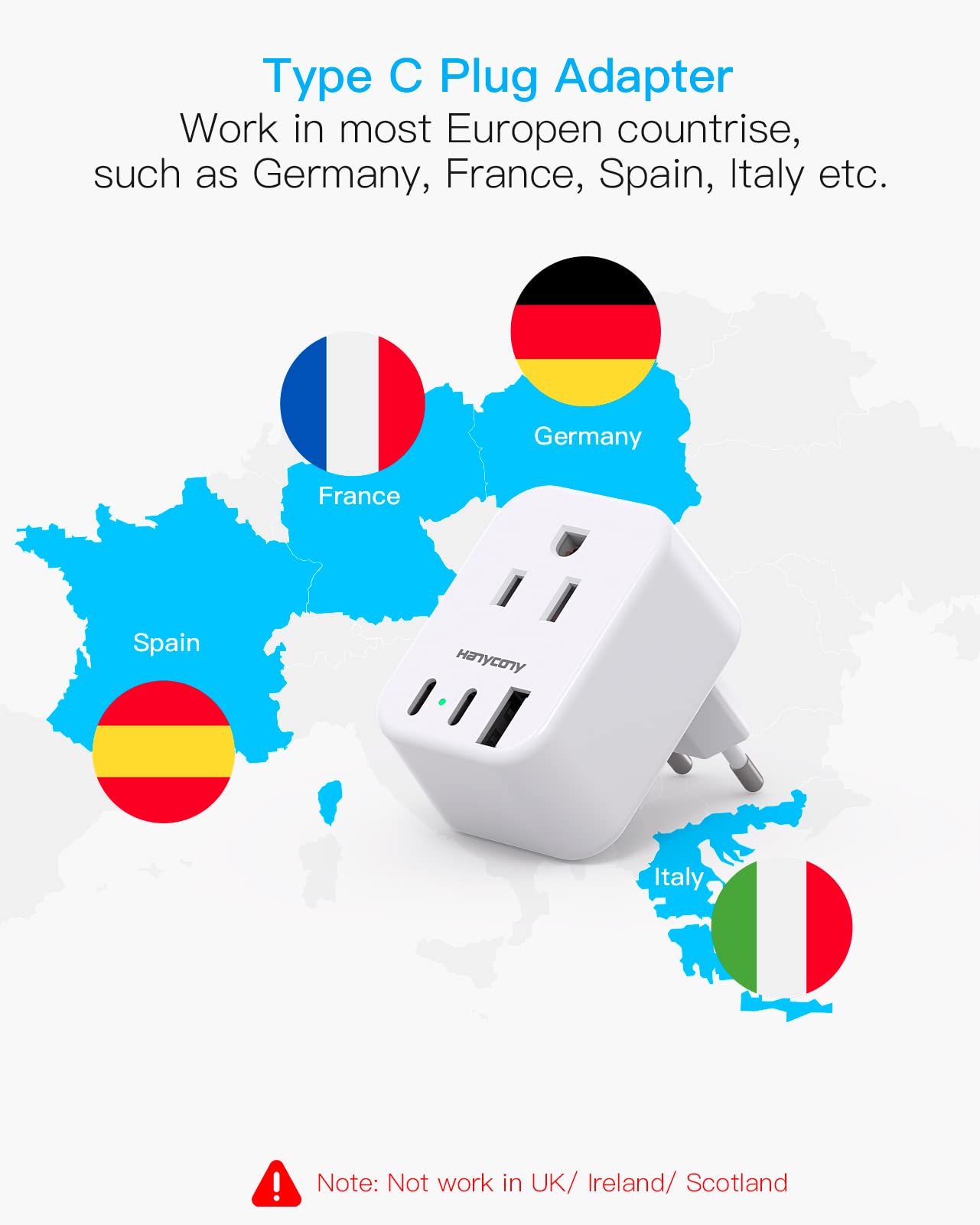 European Travel Plug Adapter, International Power Adapter, US to Europe