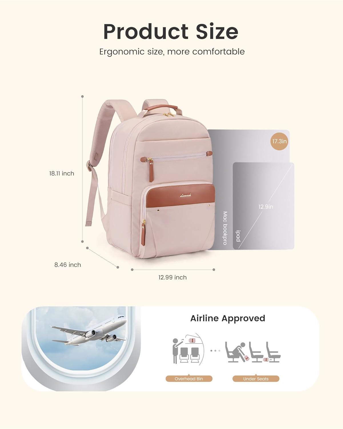 LOVEVOOK Laptop Backpack for Women, 17.3" Work Backpack Purse, Travel Personal Item Bag, Carry On Business Computer Bag, Casual Daypack for Office, School, or Gift, Khaki-beige
