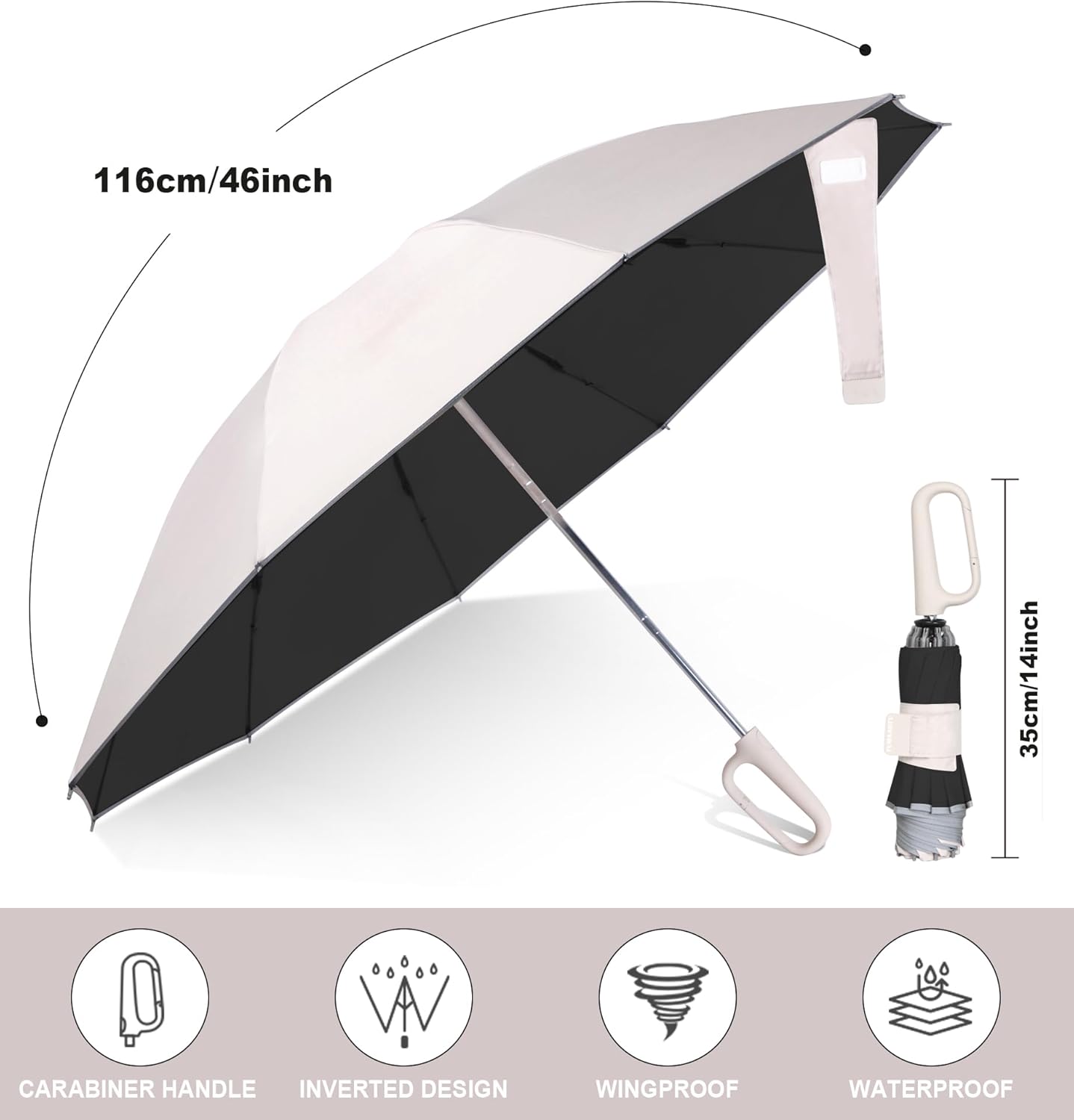QWB TUMAAOTU Inverted Umbrella with Carabiner Handle, Wind Proof Umbrellas For Rain and Sun, 46 Inch Portable Reverse Folding UV Umbrella, Car Umbrella for Women Men, 10 Ribs