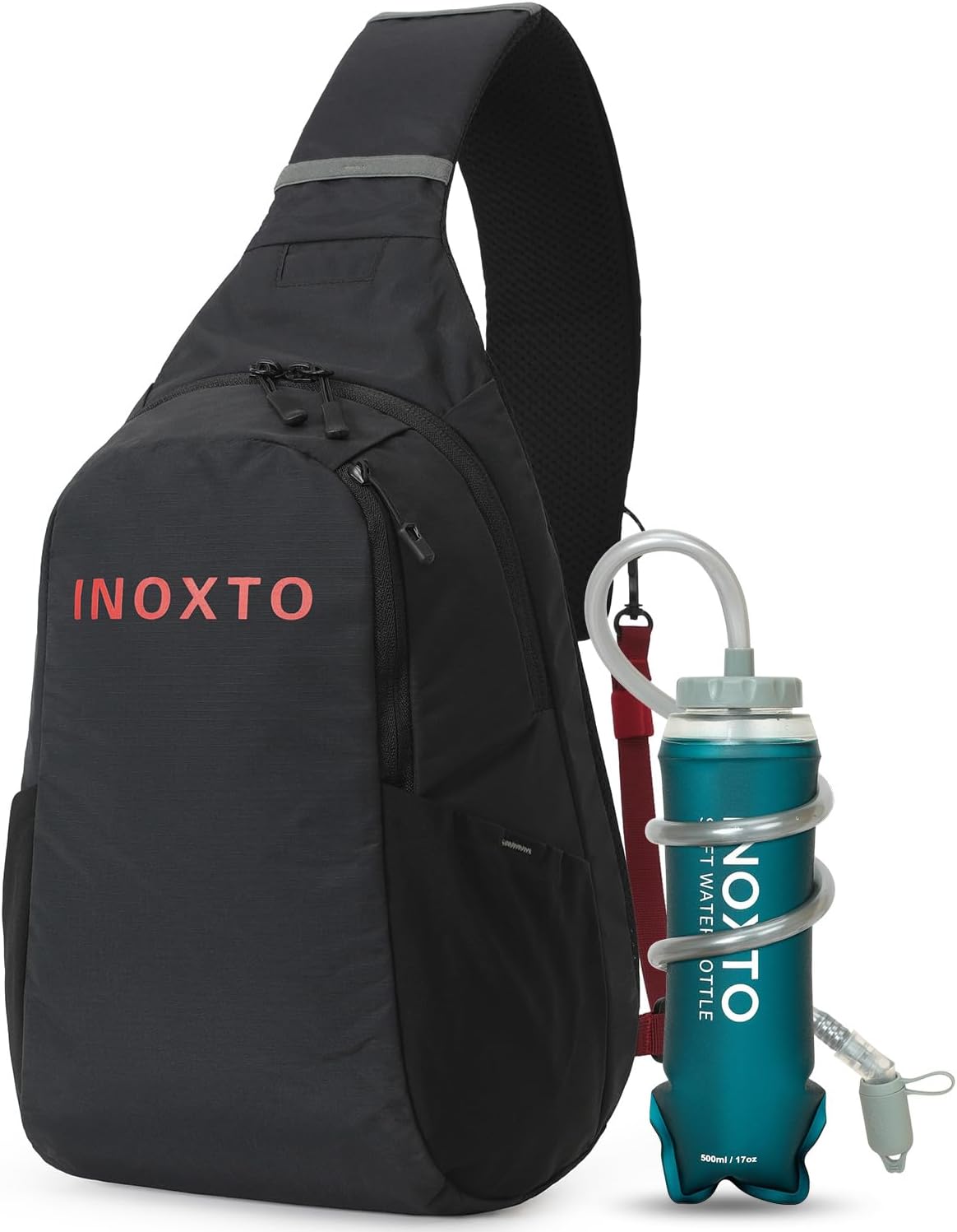 Crossbody Sling Bag for Men Women,Sling Backpack Shoulder Chest Bag Daypack with 500ML Soft Flask for Hiking Travel (Black With 500ML)