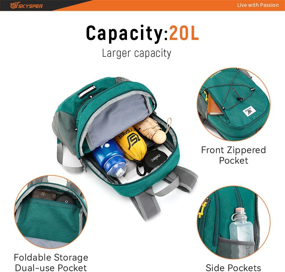 SKYSPER Foldable Small Backpack – 20L Lightweight Hiking Daypack with Chest Belt Packable Travel Rucksack for Women Men