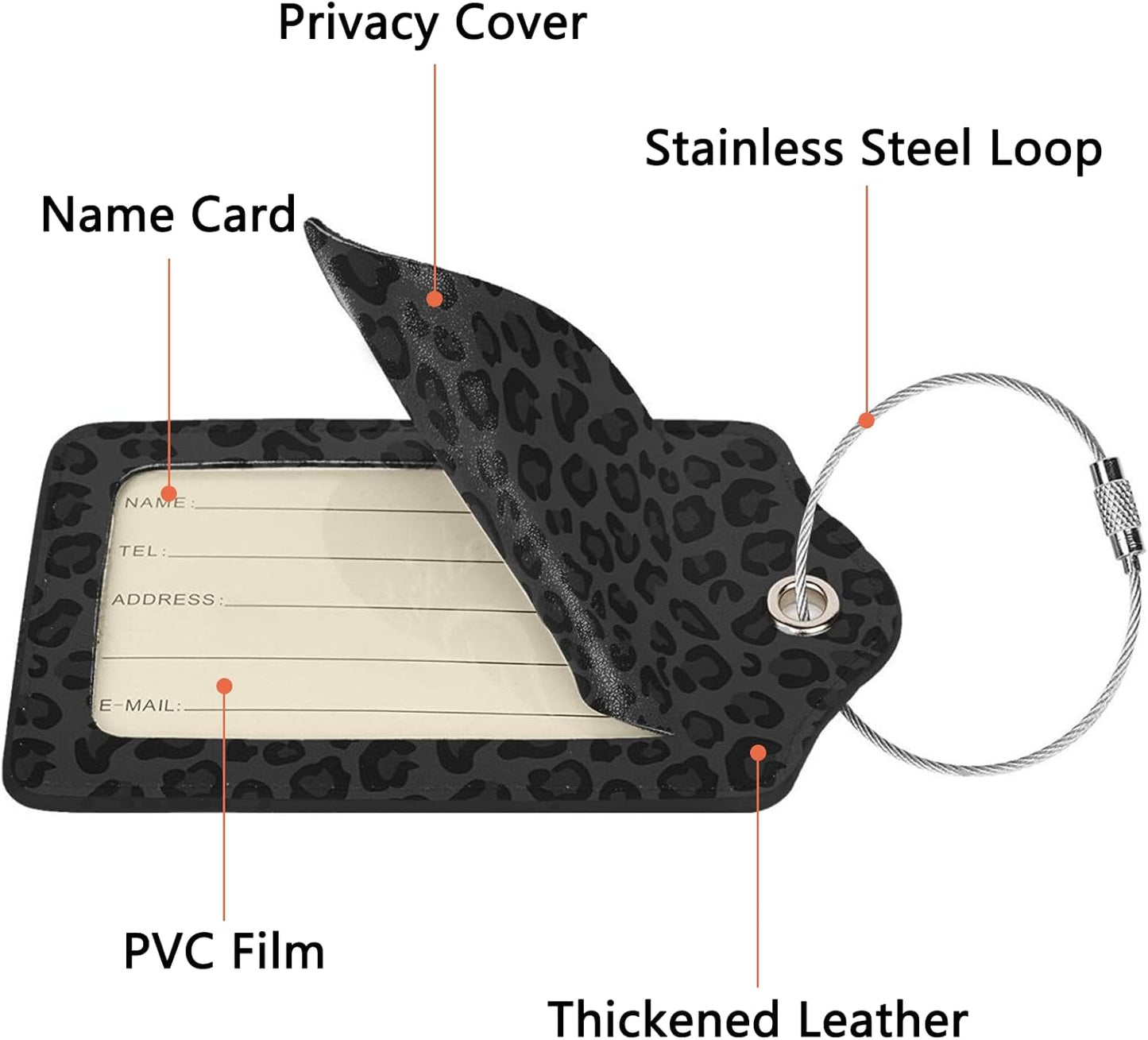 2 Pack Luggage Tags for Suitcase, Privacy Cover ID Label with Stainless Steel and Address Card for Travel Bag Backpack Cruise Ship Essentials Tag Women Girls - Black Leopard Cheetah