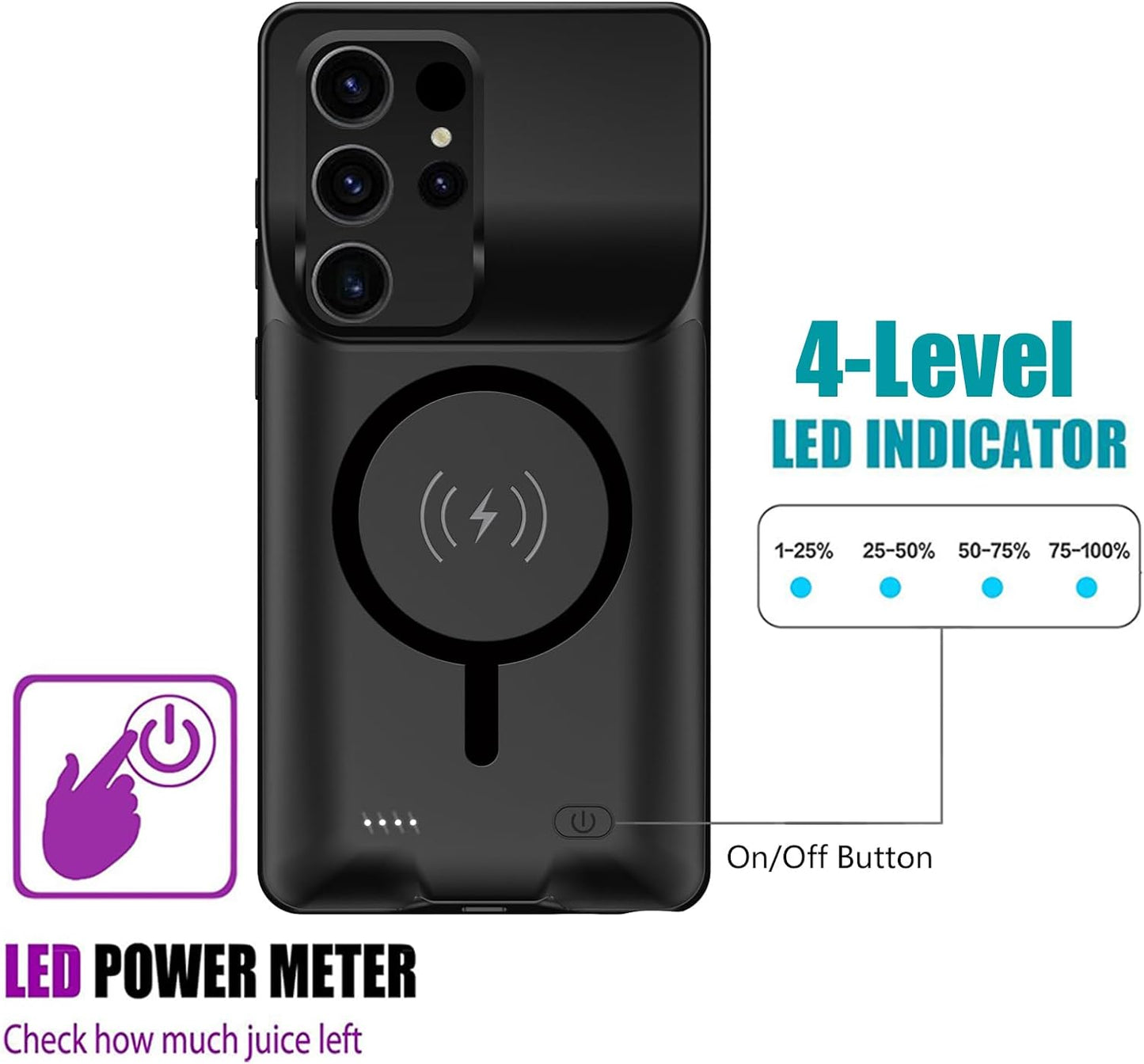Wireless Charging Case for Galaxy S25 Ultra, Upgraded 12000mAh Rechargeable Portable Charging Case Compatible with Galaxy S25 Ultra (6.9 inch) with Carplay Extended Battery Pack Charger Case (Black)