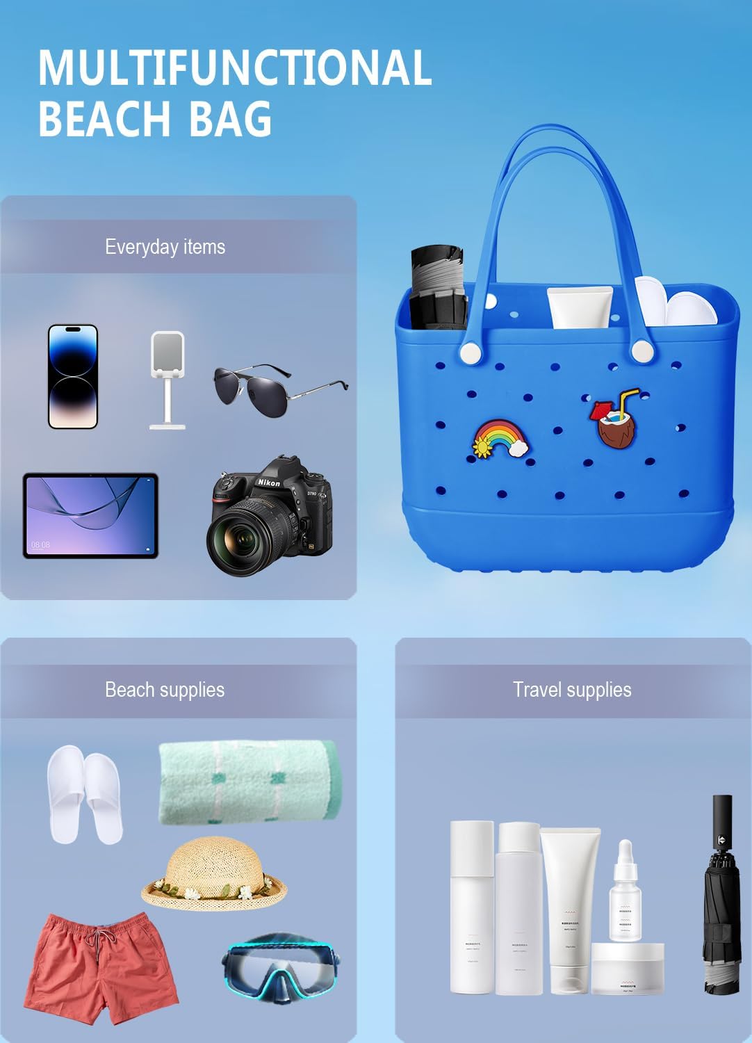 Beach Bag Rubber Tote Bag - Waterproof Travel Bag for Women Washable Tote Bag Handbag for Sports Beach Market Pool