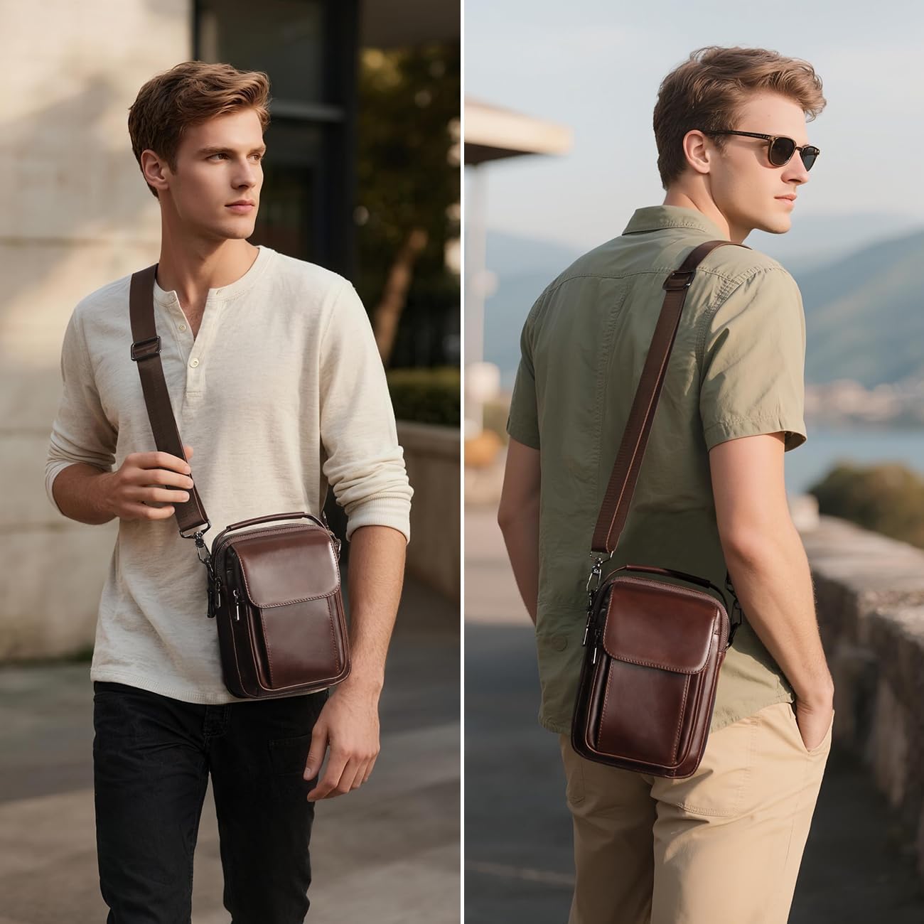 Augus Leather Small Messenger Bag For Men Crossbody Handbag Shoulder Sling Travel Bags for Men Purse Daypack Magnetic Buckle