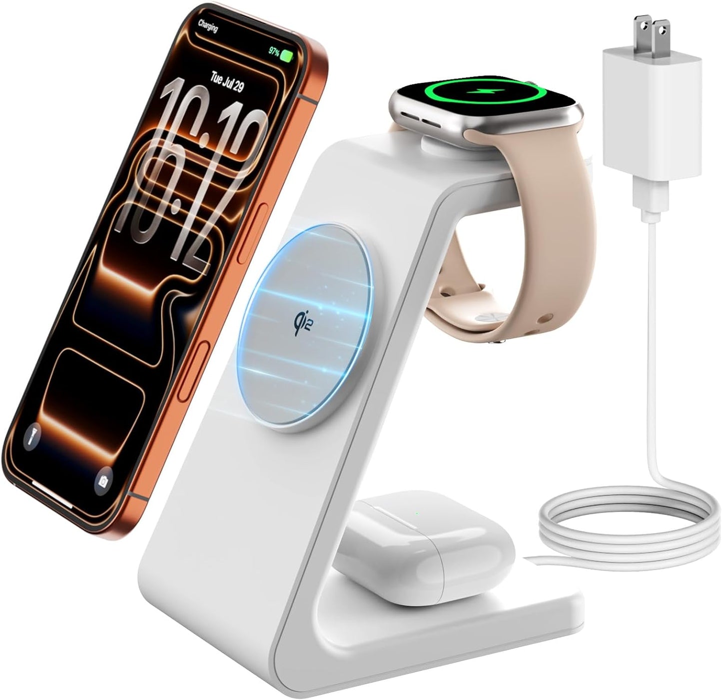 Magsafe Wireless Charging Station for iPhone: 3 in 1 15W Magnetic Portable Desktop Charging Station Qi2 Certified Charger Stand for iPhone17/16/15/14/13/12 Series, Apple Watch, AirPods 4/3/Pro