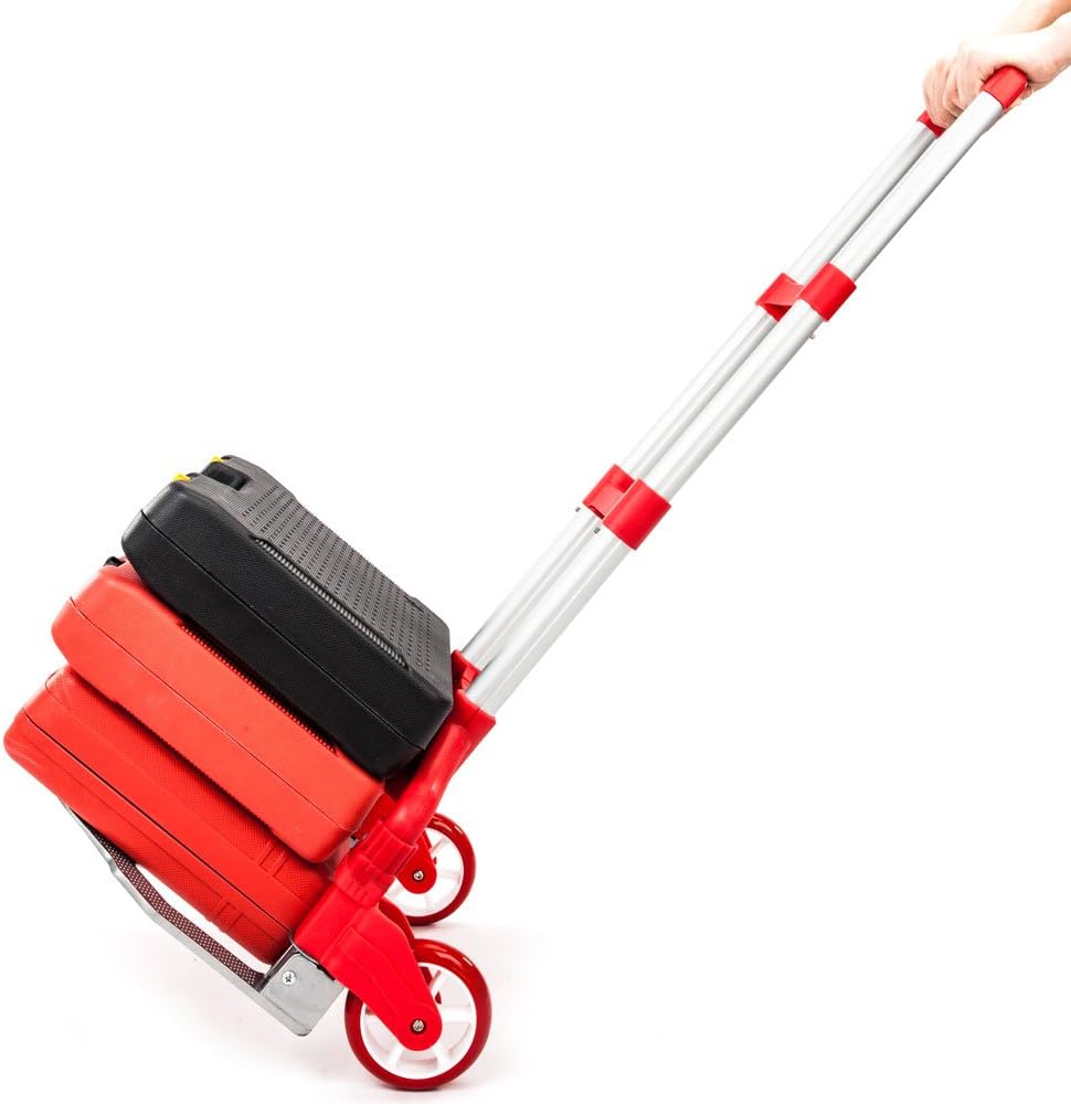 Portable Push Cart & Luggage Dolly Cart,Luggage Trolley Cart,Aluminum Portable Folding Hand Truck Cart,Utility Collapsible Hand Truck,with Elastic Ropes,for Home Moving Travel Office Use (Red)