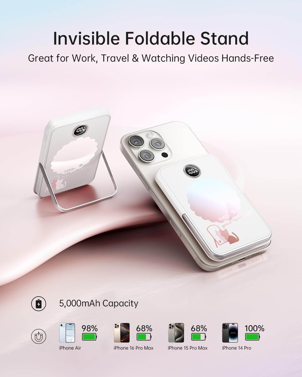 iWALK Magnetic Portable Charger 5,000mAh, Wireless Power Bank with Mirror & Foldable Stand, Ultra Slim Battery Pack with USB-C Cable, MagSafe Compatible for iPhone 17/16/16 Plus/16 Pro/15/14/13/12