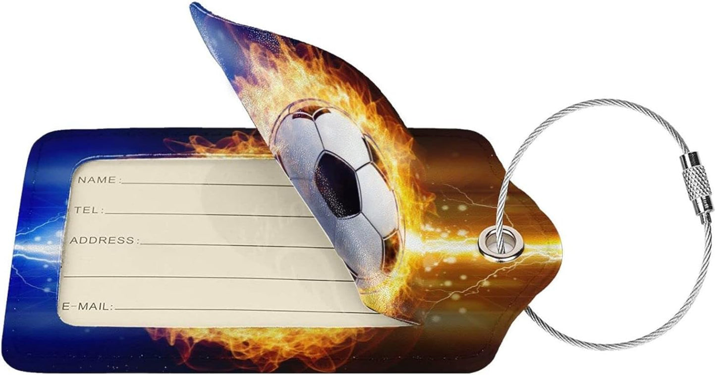 Kids Luggage Tags for Suitcases, 2 Piece Travel Suitcase Leather Bag Tags with Fire Soccer Ball Pattern for Sports Boys Men Women Teen Girls Travel, Identify ID Labels with Privacy Cover