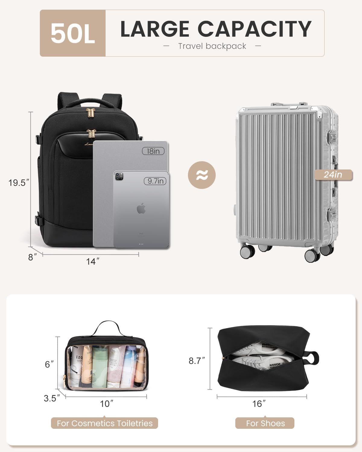 LOVEVOOK 50L Travel Backpack for Women Men, Large Carry on Backpack for Airplanes TSA Personal Item