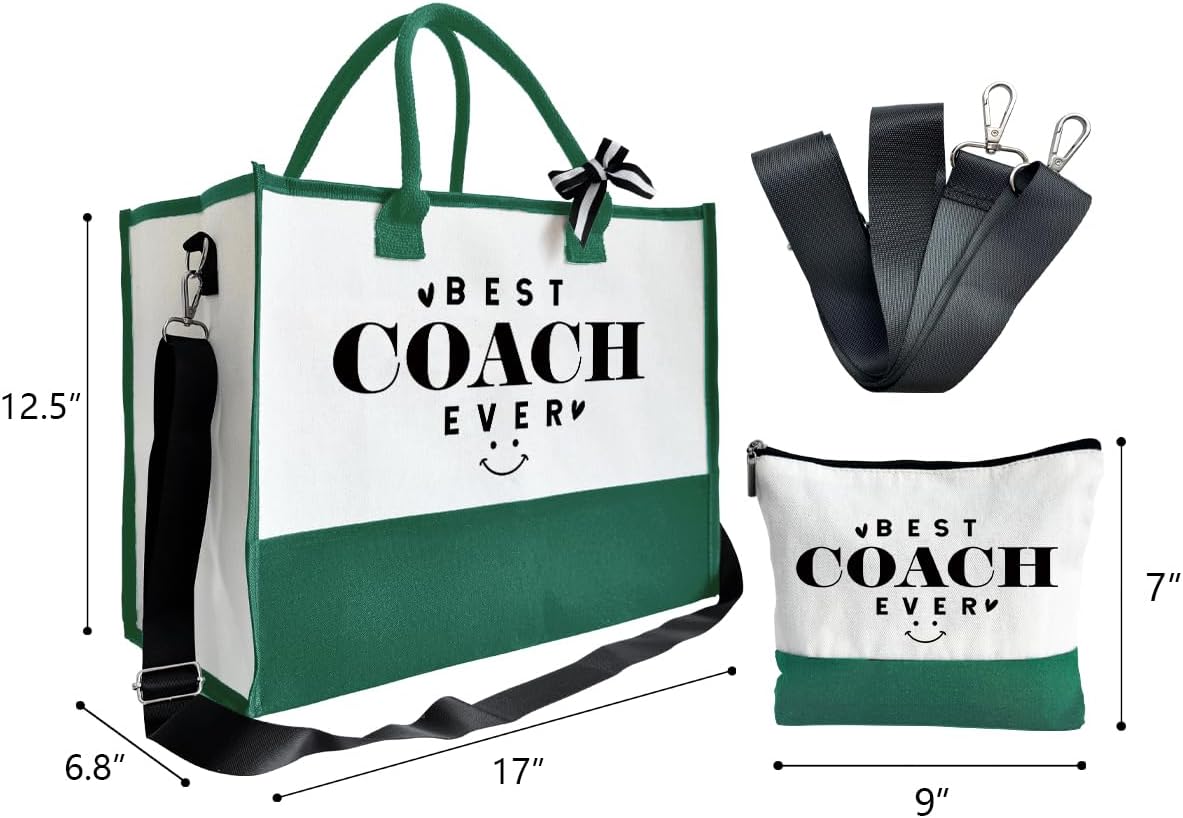 SUSZDOU Gifts for Best Coach Ever - Canvas Beach Tote Bag with Matching Makeup Pouch, Durable Travel Gym Camping Bag, Thank You Gift for Sports Coach, Female Trainers Gifts for Women B1