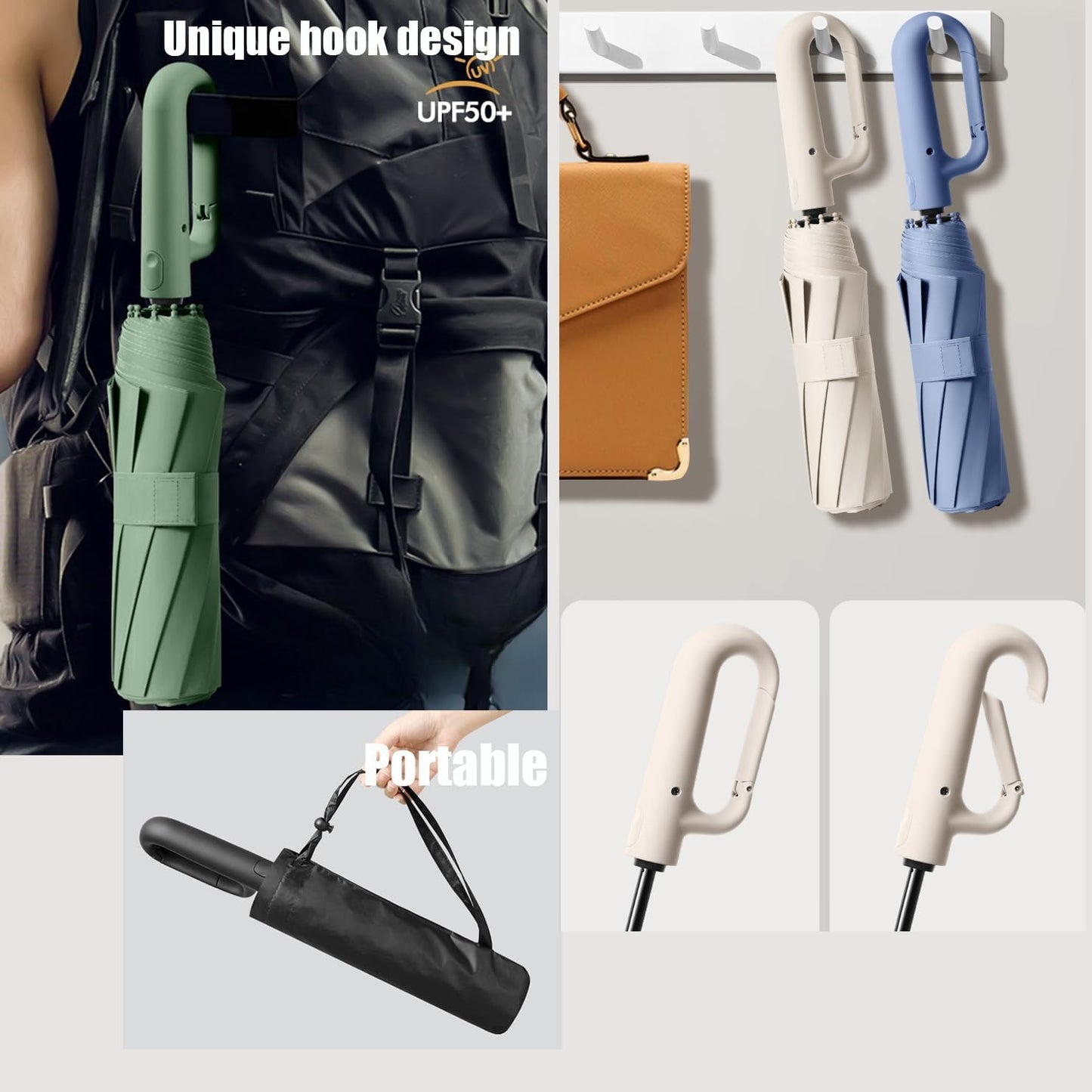 Travel Folding Golf Umbrella 10 Ribs Automatic Open/Close,Lightweight Compact Portable Backpack Car Parasol Outdoor,Sun/Rain,Anti 99 UV Protection UPF 50,Men Women Carabiner Handle Design
