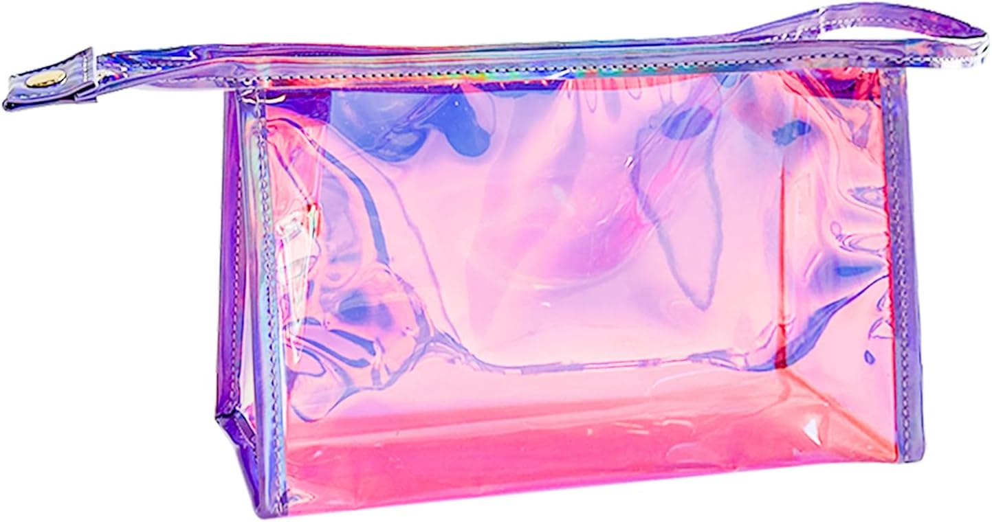 Pink Transparent Laser Cosmetic Bag Iridescent Holographic Waterproof PVC Makeup Organizer Bag for Women (Pink)