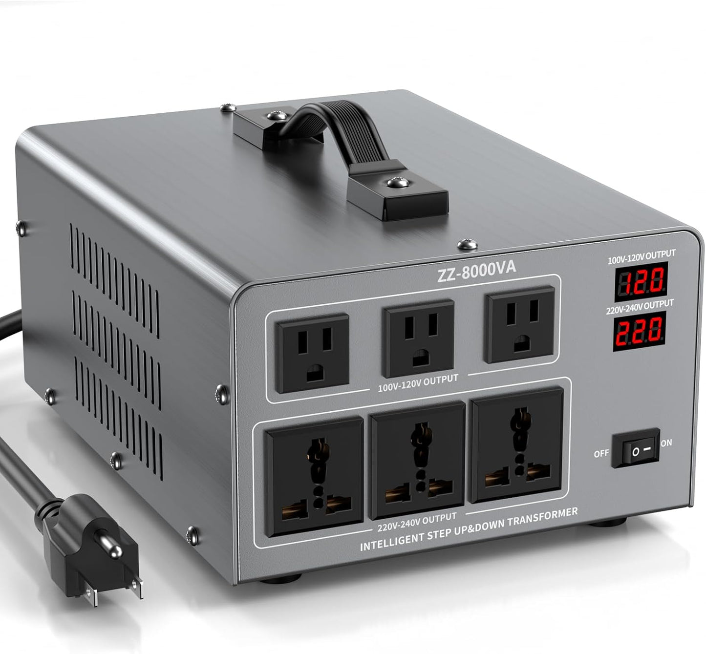 8000W Voltage Converter Auto Transformer,110/120/220/240V Heavy Duty Step Up/Down Power Converter Transformer with 3 US Outlets,3 Universal Outlets, LCD Display,Resettable Circuit Breaker Protection