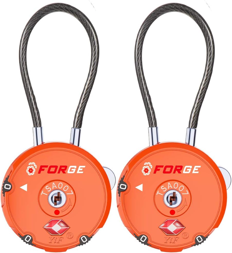 Forge Quality TSA Approved Luggage Locks for Travel Accessories, Suitcase, Pelican case, Set Your own Combination, Zinc Alloy Body-Cable Locks Orange 2 Locks
