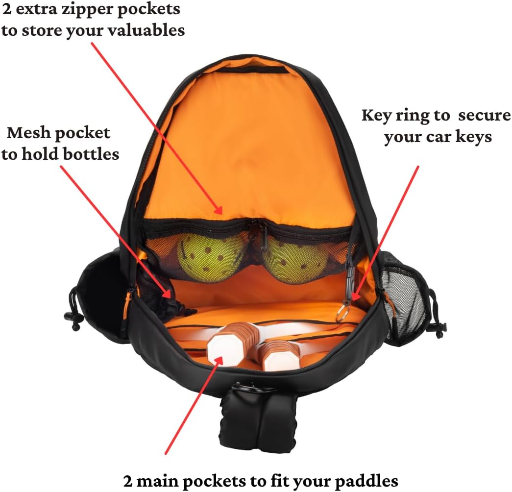 Pickleball Bag, Water-Resistant Sling Bag, Fits 3 Paddles - Minimal Branding, Lightweight, Durable, Fence Hook Carabiner, Water Bottle Holder, Multiple Pockets, Adjustable Shoulder Strap (Black,18L)