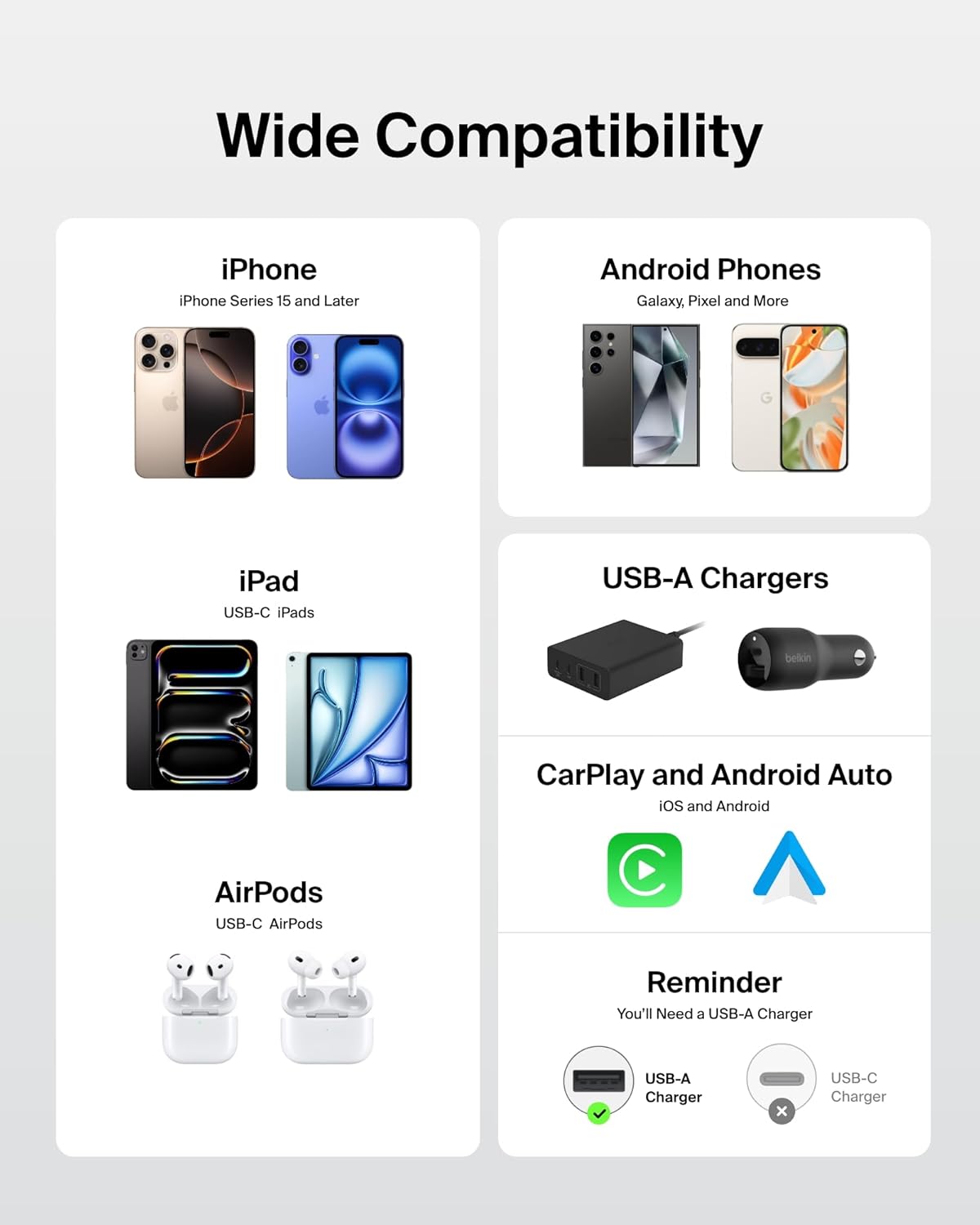 Belkin USB A to USB C Cable 2-Pack, 3.3ft, 15W - Type C Charger, iPhone Charger Cord, Soft, Braided, Flexible for iPhone 17 & 16, Galaxy S25, Pixel 10, iPad Pro, Airpods Pro, Switch & More - White