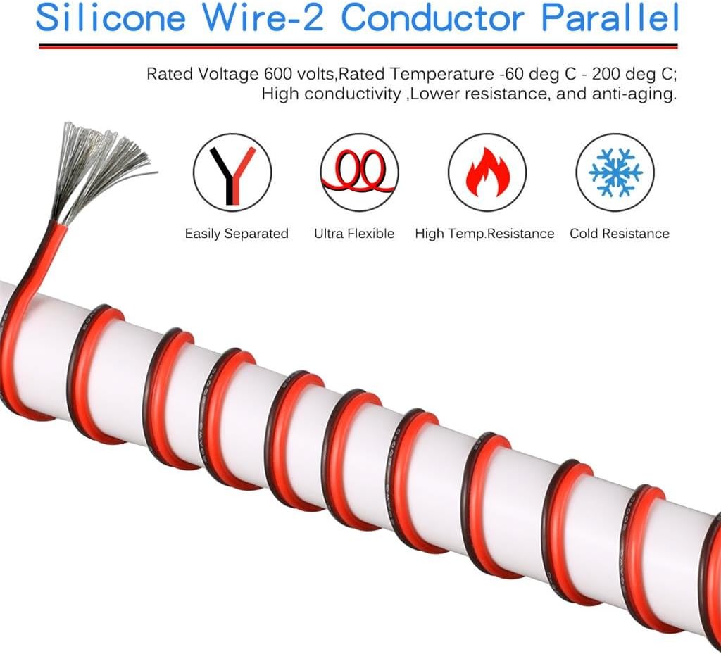 BNTECHGO 20 Gauge Flexible 2 Conductor Parallel Silicone Wire Spool Red Black High Resistant 200 deg C 600V for Single Color LED Strip Extension Cable Cord,Model,25ft Stranded Tinned Copper Wire