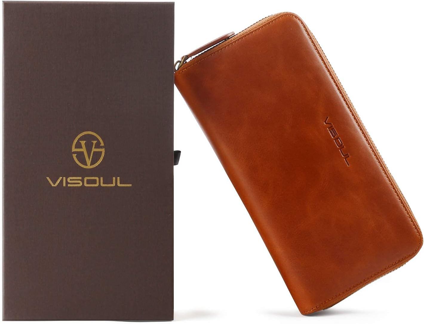 VISOUL Leather Long Zipper Pouch Wallet for Men and Women with RFID Blocking, Large Clutch Cash