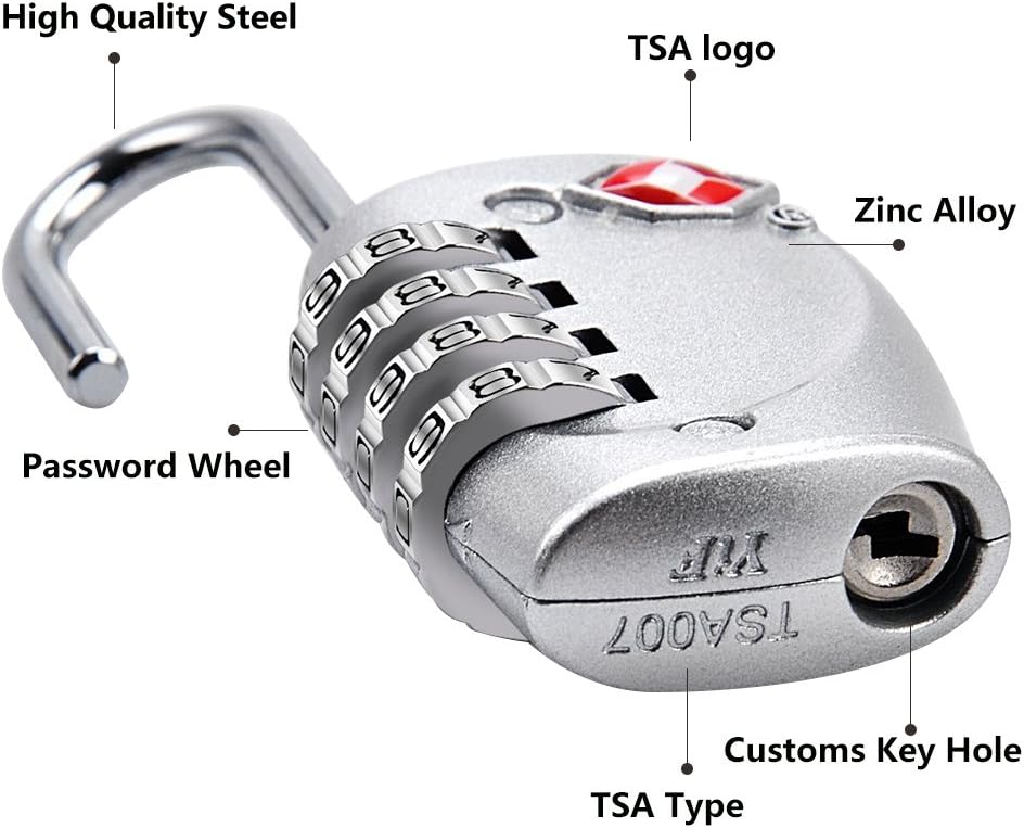 4 Dial Digit TSA Approved Travel Luggage Locks Combination for Suitcases (Silver-4pack)