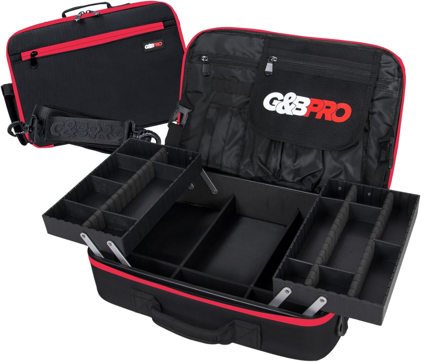 G&BPRO Crossbody Briefcase with Extending Tray System | All-in-One Mobile Workstation Laptop Travel Bag with Expandable Storage & Organizer Compartments - Black With Red Zipper